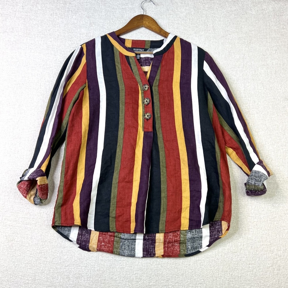 Womens 100% Linen Tunic Top Stripes Lagenlook V Neck Blouse Shirt Ellen Tracy M